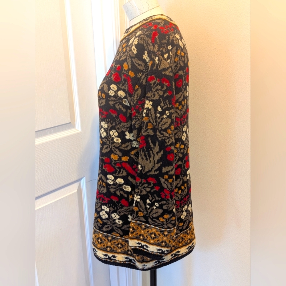Vtg 90s Country Primitive Heavyweight Floral Tapestry Knit Sweater - Picture 3 of 6